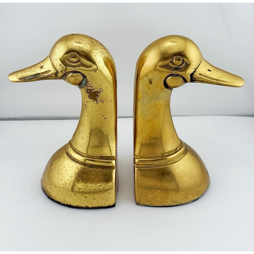Vintage MCM Brass Mallard Duck Head Bookends, 6" Tall Made in Korea